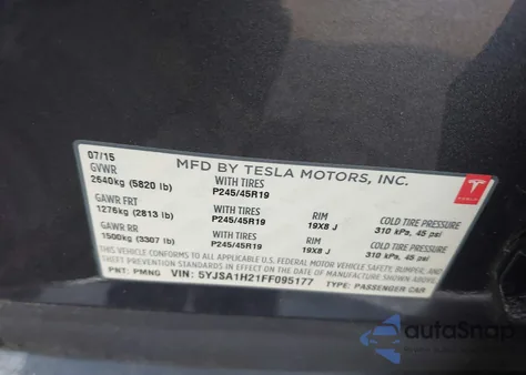 2015 Tesla Model S 70D/85D/P85D from USA, damaged, VIN 5YJSA1H21FF095177